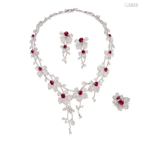 (3) A Ruby and Diamond Necklace, Earring and Ring Suite, by Georland