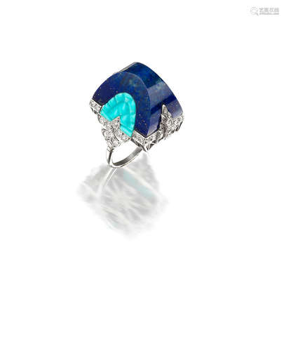 An Unusual Lapis Lazuli, Turquoise and Diamond Ring