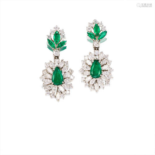 A Pair of Emerald and Diamond Pendent Earrings