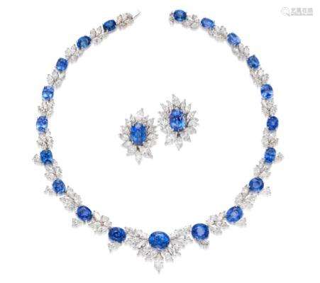 (2) A Sapphire and Diamond Necklace and Earring Suite