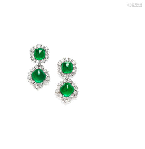 A Pair of Emerald and Diamond Pendent Earrings