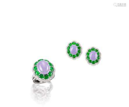 (2) A Jadeite and Diamond Ring and Earring Suite