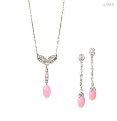 (2) A Conch Pearl and Diamond Pendant Necklace and Earring Suite