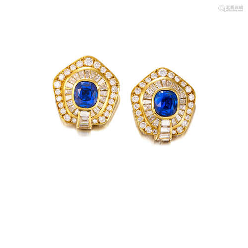 A Pair of Sapphire and Diamond Earclips