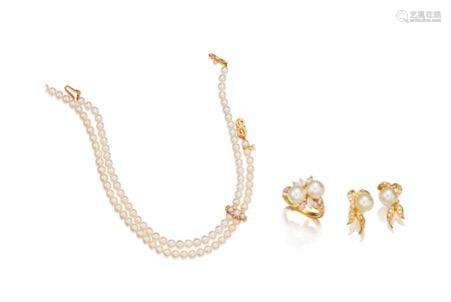 (3) A Cultured Pearl and Diamond Necklace, Earring and Ring Suite, by Mikimoto