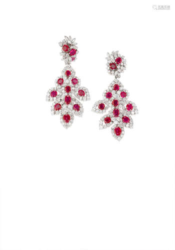 A Pair of Ruby and Diamond Pendent Earrings