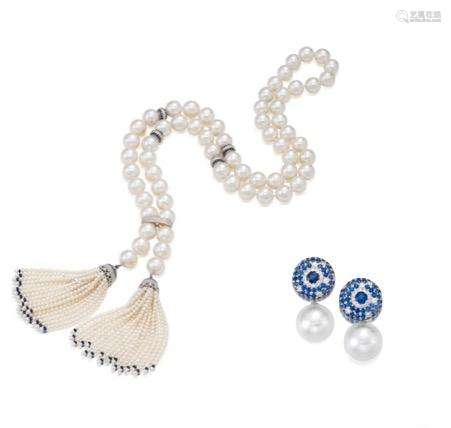 (2) A Cultured Pearl, Sapphire and Diamond Necklace and Earring Suite