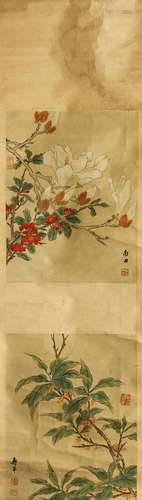 YUN SHOUPING   (follower of, 1633 – 1690) Birds and Flowers ink and colour on paper, eight album leaves mounted as four hanging scrolls 32.5 x 25cm. (4) 惲壽平（傳）    花鳥圖 設色紙本   冊頁   立軸 <一> 款識：南田