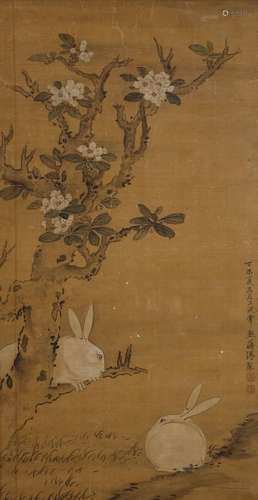 JIANG PU   (attributed to, 1708 – 1761) Rabbits ink and colour on silk, framed 81 x42cm. 蔣溥（傳）   雙兔圖 設色紙本   鏡框 款識：丁未夏五月土浣常熟蔣溥製 鈐印：「蔣溥之印」「恆軒」