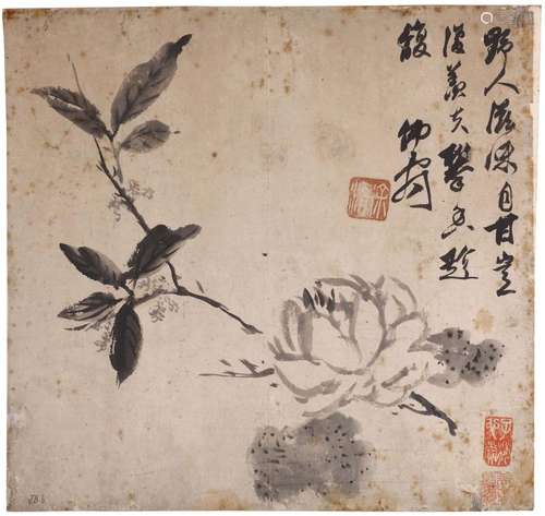 XU WEI   (follower of, 1521 – 1593) Flowering Branch ink on paper, album leaf 30.5 x 29cm. 徐渭（傳）   花枝 水墨紙本   冊頁 款識： 野人滋味自甘室 彼羨共攀香趁馥 佛守 鈐印：「徐渭」「子梅欣賞」「吳山周氏鑒藏」