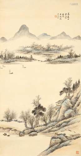 WANG HENG Landscape ink and colour on paper, hanging scroll signed Loudong Wang Heng, with two seals of artist 89 x 47cm. 王蘅   山水圖 設色紙本   立軸 款識：摹南田老人法 婁東王蘅寫於滬上 鈐印：「杜鄰畫記」「縻谿逸史」 卷軸：王蘅先生紙本山水屏