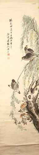 WANG YUZHEN Bird and Flowers ink and colour on paper, three hanging scrolls cm. (3) 王玉震   花鳥圖 設色紙本   立軸 <一>  款識：臨瓜田逸大意而（少）疲之史 飲馥居□人雨辰。鈐印：「王玉震印」「雷溪」 <二>  款識：法白陽山人筆意 雨辰道人。鈐印: 「王玉震印」「雷溪」 <三>  款識：君子之風 雷溪作書飲馥居。鈐印：「王玉震印」「雷溪」