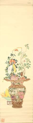 WANG ZHIGUAN Flower baskets ink and colour on paper, four hanging scrolls 109 x 28.5cm. (4) 王枝官   籃花四幅   設色紙本   立軸 鈐印：「雲林瑕陽」「王枝官印」