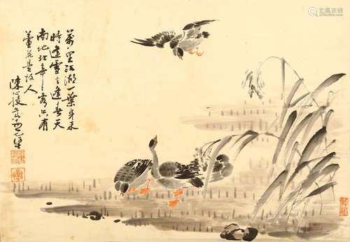 CHEN XINSHOU   (1862 – 1933) Geese ink and colour on silk, hanging scroll signed Chen Xinshou, with two seals of artist 62 x 43cm. 陳心授   蘆鴨圖 設色紙本   立軸 款識：萬裏江湖一葉身 來時逢雪去逢春 天南地北年年客 只有蕾花是故人 陳心授年六十又七 鈐印：「陳心授印」「道宗」