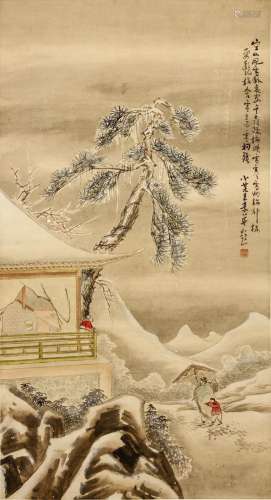 WANG SU   (follower of, 1794 – 1877) Snowy Landscape ink and colour on paper, hanging scroll signed Xiaomou Wang Su, with one seal of the artist 85.5 x 46.5cm. Provenance: Singaporean Private Collection formed in London in the 1970s and 1980s.