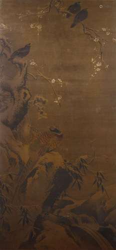 DING KUANG   (attributed to) Pheasants ink and colour on silk, framed with one collector’s seal 174 x 84cm. Provenance: from the collection of Charles Peregrine Teesdale (1824 – 1887); thence by descent to the present owner. 丁貺（傳）