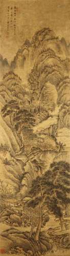 WANG YU   (attributed to, 1714 – 1748) Landscape ink and colour on paper, hanging scroll signed Dongzhuang Wang Yu, dated Qianlong Renshen (1752), with four seals of the artist 131.5 x 35.5cm. 王昱（傳）    山水圖 設色紙本