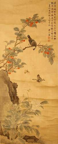 NI YUN   (? – 1864) Bird and Flowers ink and colour on paper, a pair of hanging scrolls signed Jiesun, with two seals of the artist 96.5 x 39cm. (2) 芥孫  石榴花鳥圖 設色紙本   立軸 <一> 簽條：絹花鳥