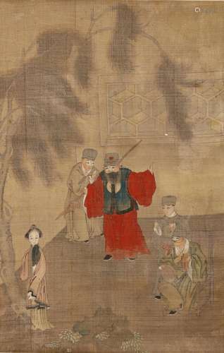 ANONYMOUS Literary Scenes ink and colour on silk, three hanging scrolls 54.5 x 35cm. (3) 佚名  人物園景圖三幅 設色絹本   立軸