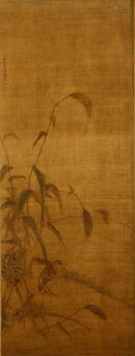 JIANG TINGXI   (1669 – 1732) Quails among Reeds ink and colour on silk, hanging scroll signed Nansha Jiang Tingxi, with one seal of the artist, and one validation seal 110.5 x 42.5cm. 蔣廷錫   溪蘆鵪鶉圖 設色絹本   立軸 款識：南沙蔣廷錫製 鈐印：「南沙」「張氏審定」