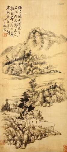 DA CHONGGUANG   (follower of, 1623 – 1692) Landscape ink on paper, hanging scroll signed Jiangshang Waishi, with one seal of the artist and a collector’s seal 91.5 x 39.5cm. Provenance: Singaporean Private Collection formed in London in the