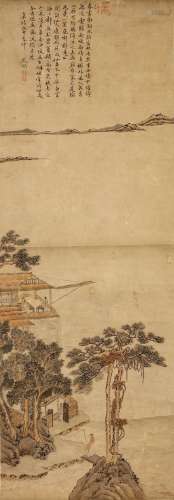 WEN ZHENGMING    (follower of, 1470 – 1559) Landscape ink and colour on paper, hanging scroll signed Zhengming, with one seal of the artist, dated Jiajing Wushen (1548) 76 x 27.5cm. Provenance: Singaporean Private Collection formed in London in