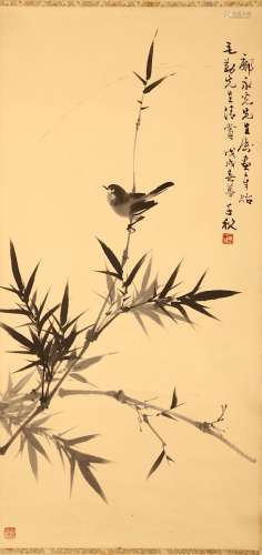 ZHOU QIANQIU   (1910 - 2006) LIANG CANYING   (1921 - 2005) Bird and Flowers ink on paper, hanging scroll signed Qianqiu, dated wuxu (1958), with one seal of the artist 81.5 x 39.5cm 周千秋   竹雀圖 梁粲纓 水墨紙本   立軸