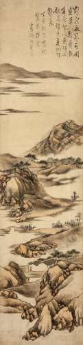 GAO JIAN   (attributed to, 1634–1707) Landscape ink and colour on paper, hanging scroll signed Jian, with two seals of the artist 111 x 27.5cm. Provenance: Singaporean Private Collection formed in London in the 1970s and 1980s.