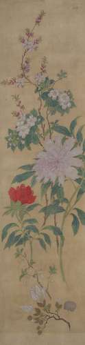 WANG CHENGPEI   (? – 1805) Flowers ink and colour on silk, three framed works signed Wang Chengpei, with two seals of artist 75 x 19.5cm. (3) 汪承霈 花卉圖 設色絹本 鏡框 款識： 汪承霈謹繪 鈐印：「臣承霈印; 」「時齋」