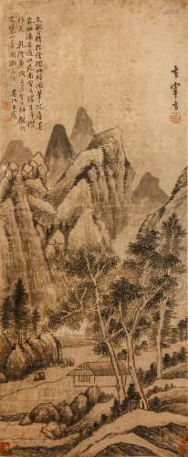 DONG QICHANG    (follower of, 1555 – 1636) WANG CHEN Landscape              ink on paper, hanging scroll signed Xuan Zai and Wang Chen, with six seals 97 x 40.5cm. Provenance: Singaporean Private Collection formed in London in the