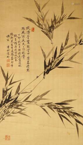ZHAO SHUNCUN Flowers and Birds ink on silk, hanging scroll signed Shucun Xiezhu, dated Dingmao (1927), with four seals of artist 83 x 46.5cm. 趙書村   竹葉 水墨紙本   立軸 款識：拔得青鸞翅 空中墜墨精 寒窗風雨夜