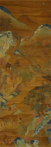 ANONYMOUS Landscape ink and colour on silk, hanging scroll 123 x 43cm. 佚名   山石人物圖 設色絹本   立軸