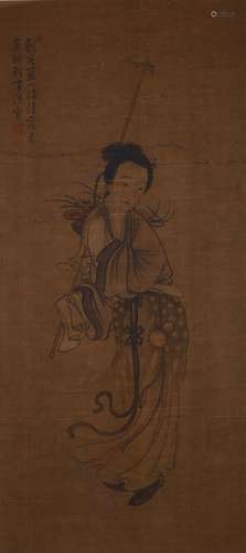 UNKNOWN ARTIST Ladies with Basket ink and colour on silk, framed 95 x 43cm 佚名   仕女 設色絹本   鏡框 款識：劚芝篮小沾清露采药锄轻笔湿云 鈐印：「大庭畫史」「珂孫」