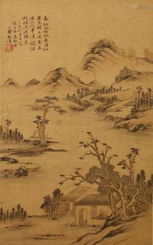 LI JIAN Landscape ink and colour on paper, hanging scroll 58 x 36.5cm. 黎簡   山水圖 設色紙本   立軸 款識：春谿風雨欲來時 初葉交斜不肯飛 未與山人畢清課 酒船詩興且歸來 丁已六月又二日 作于百花書舍 二樵黎簡 鈐印：「二樵」