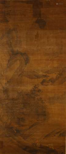 TANG YIN   (follower of, 1470 – 1524) Landscape ink and colour on paper, hanging scroll signed Tang Yin, with one seal of the artist and two collector’s seals 142 x 61cm. 唐寅（傳）   山石圖 設色紙本   立軸