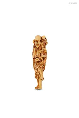 AN IVORY NETSUKE OF AN IMMORTAL WITH ONI. Edo peri