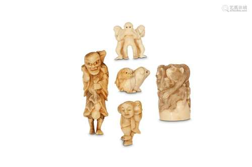 FOUR NETSUKE AND ONE SMALL OKIMONO. 19th/20th Cent