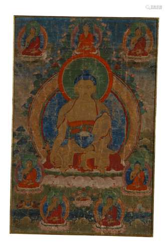 A THANGKA DEPICTING BHAISAJYAGURU AND THE SIX BUDD