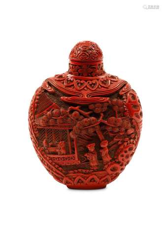 A CARVED CINNABAR LACQUER SNUFF BOTTLE. Qing Dynas