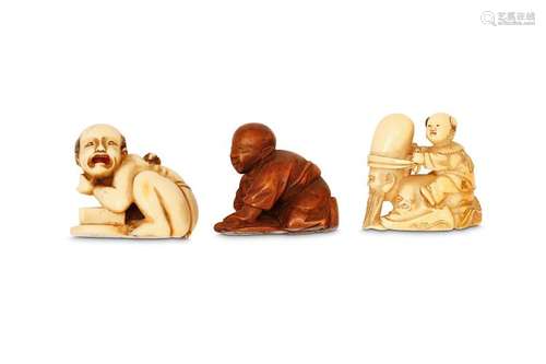 THREE NETSUKE. 19th Century. Comprising a wood net