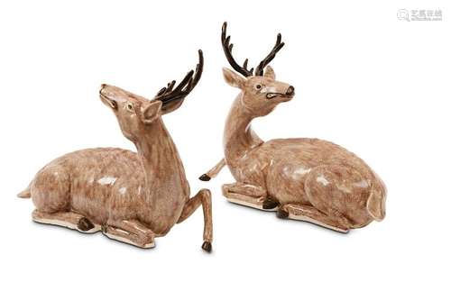 A PAIR OF CHINESE FAMILLE ROSE MODELS OF DEER. Qin