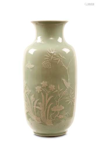 A CHINESE SLIP-DECORATED CELADON LANTERN VASE. Qin