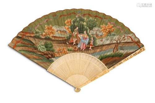 A CANTON PAINTED IVORY 'EUROPEANS' FAN. Qing Dynas