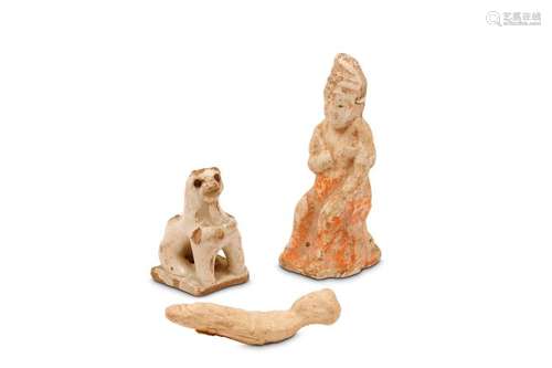 A DINGYAO BOY, POTTERY MODEL OF A LADY AND AN ANIM