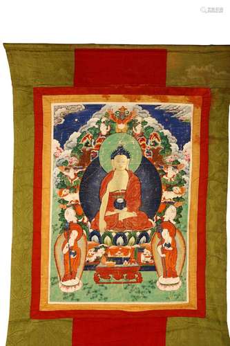 A THANGKA DEPICTING BUDDHA SHAKYAMUNI WITH TWO DIS