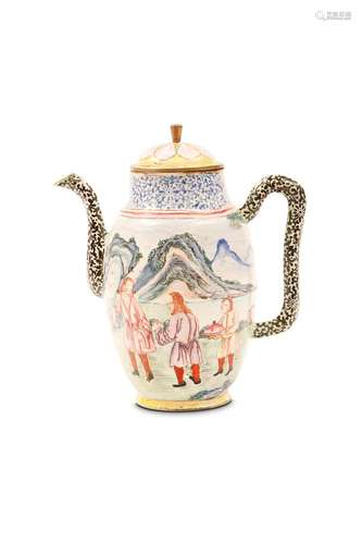 A CHINESE CANTON ENAMEL 'EUROPEAN SCENE' COFFEE PO