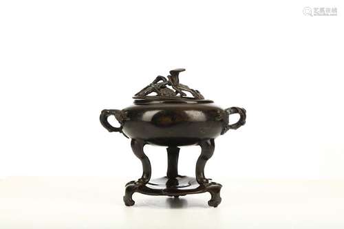 A BRONZE 'PRUNUS' CENSER COVER AND STAND. Qing Dyn