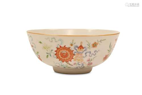 A FAMILLE ROSE ‘BUDDHIST EMBLEMS’ BOWL. Qing Dynas