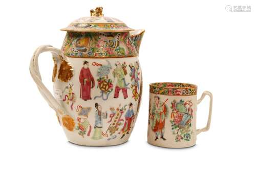 A FAMILLE ROSE JUG AND COVER, AND A MUG. Qing Dyna