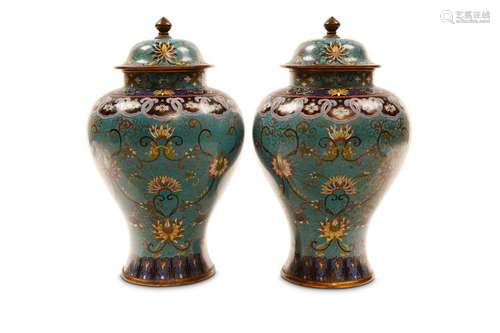 A PAIR OF CLOISONNÉ ENAMEL VASES AND COVERS. Late